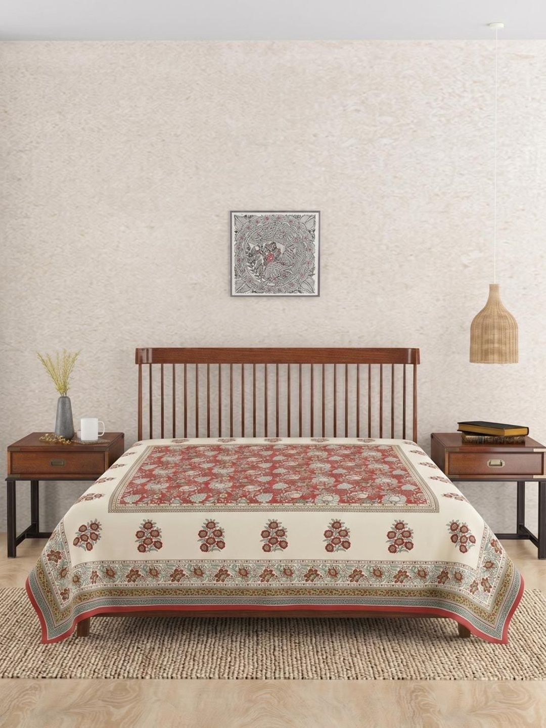 Fabindia Beige & Red Tarang Printed Cotton Double Bed King Bed Cover-image-7