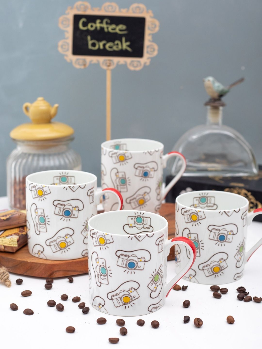 Aura White Printed Bone China Glossy Cups Set of Cups and Mugs-image-45
