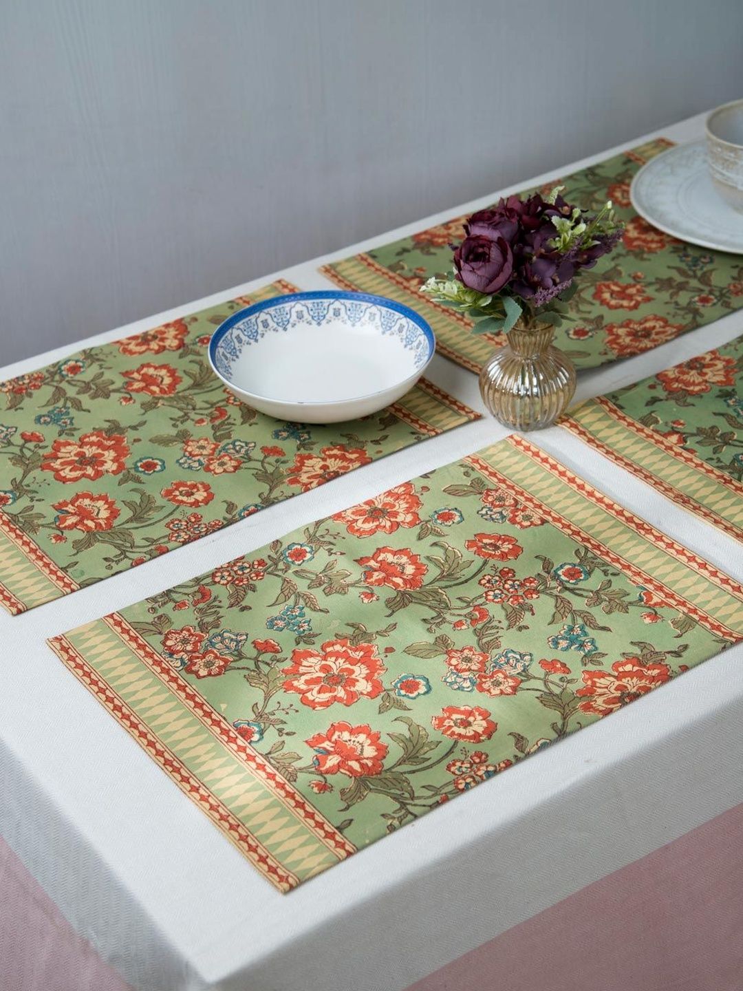 Fabindia 6 Pieces Red & Green Floral Printed Cotton Rectangle Table Placemats-image-6