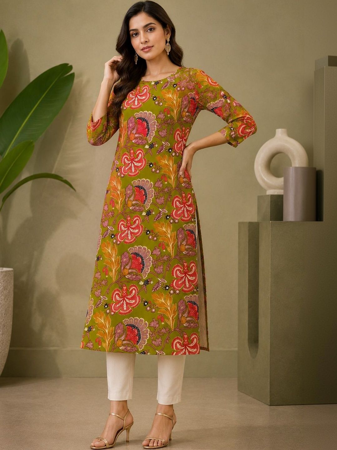 JANKHANA Women Floral Printed Indie Florals Crepe Kurta-picture-0