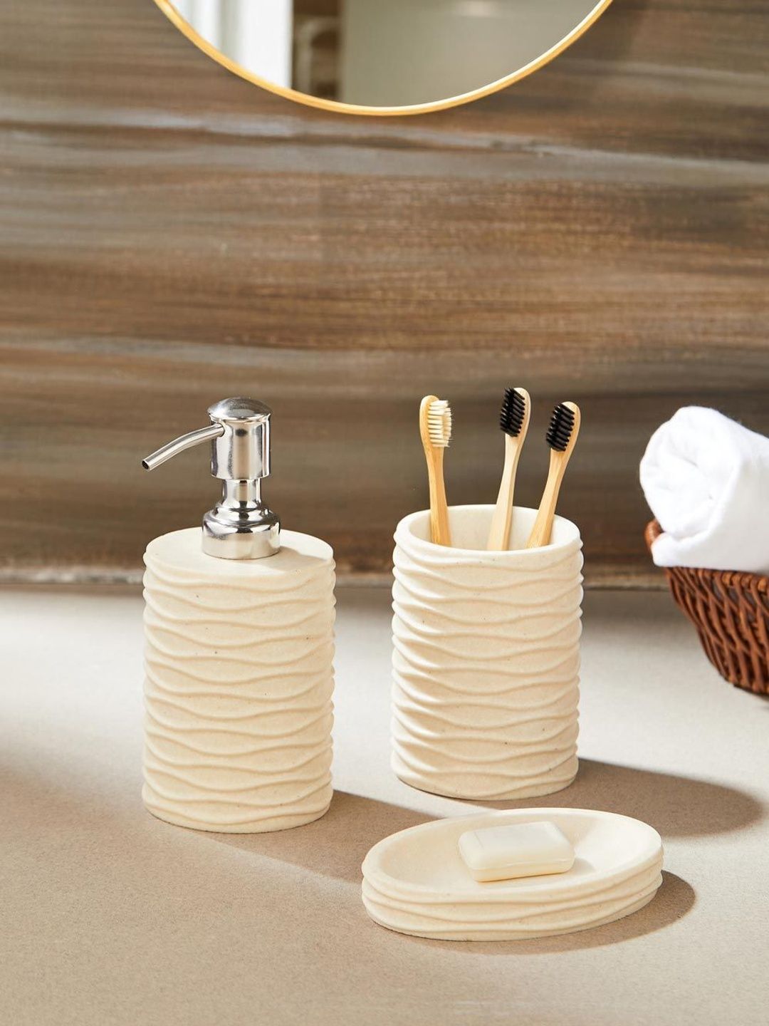 Fabindia Off White & Cream-Coloured 3 piece Textured Marble Bath Accessories Set-image-28