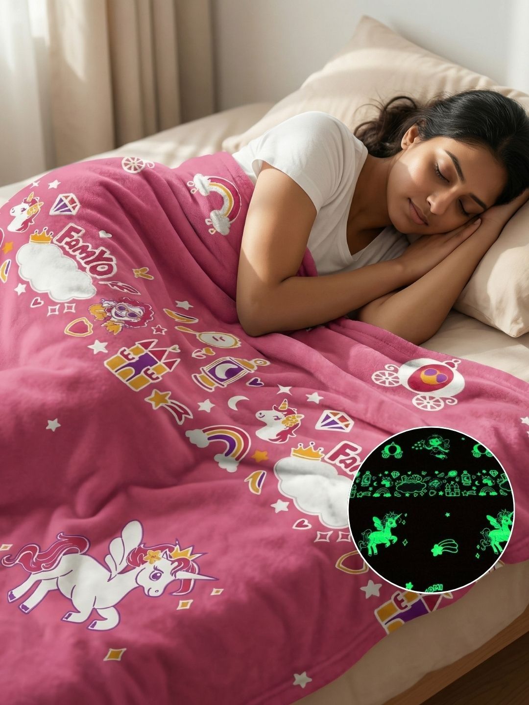 Famyo Pink & Pink Cartoon Characters Microfiber AC Room 233 GSM Blanket-image-48