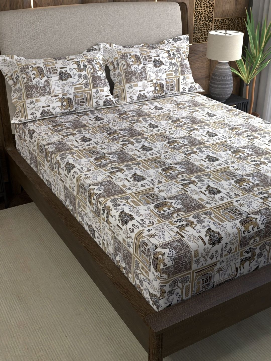 Pure Decor White Printed Pure Cotton 200TC Double Queen Bedsheet & 2 Pillow Covers 89"x99"-image-8