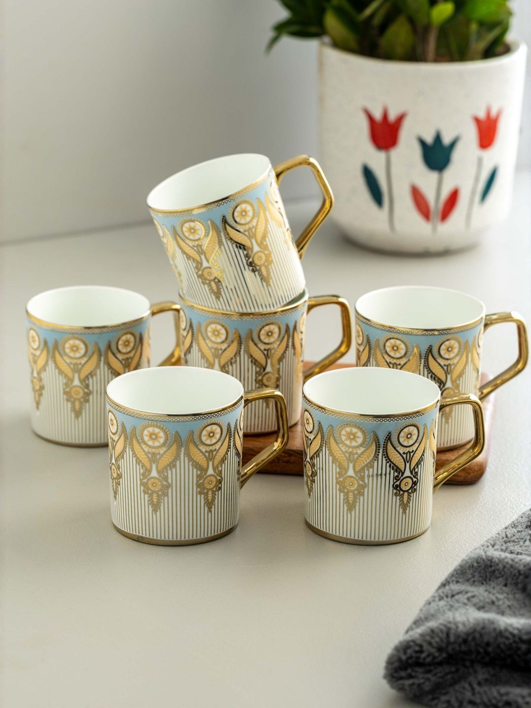 CLAY CRAFT White & Gold-Toned Printed Ceramic Glossy Cups Set of Cups and Mugs-picture-21