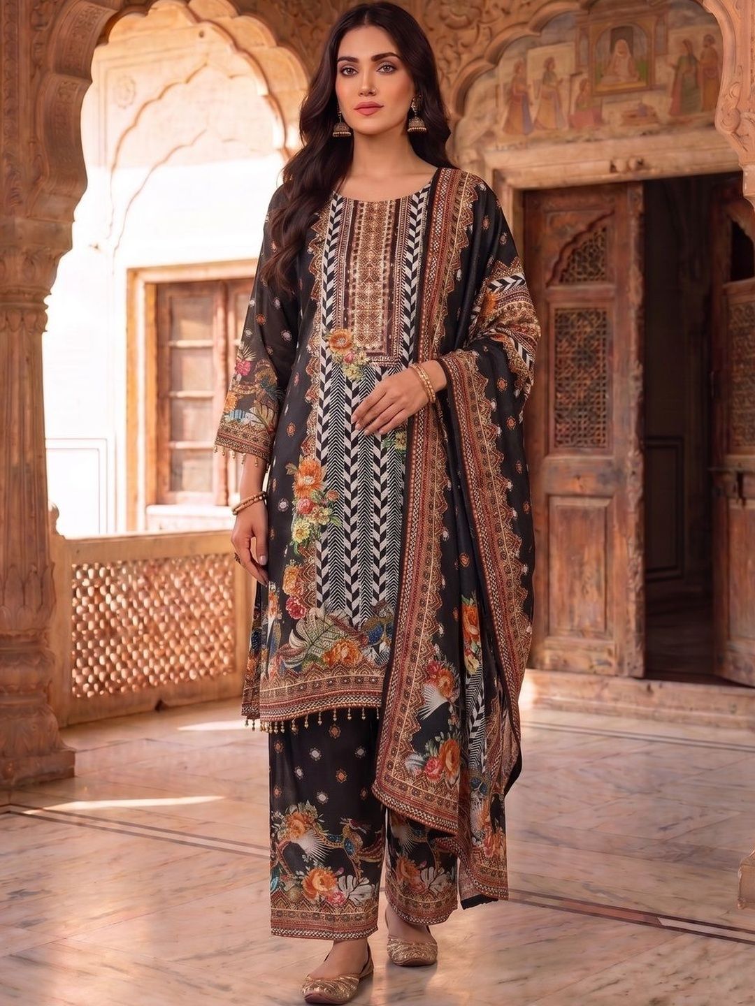 Inddus Women Ethnic Motifs Printed Regular Mirror Work Kurta with Trousers & With Dupatta-picture-7