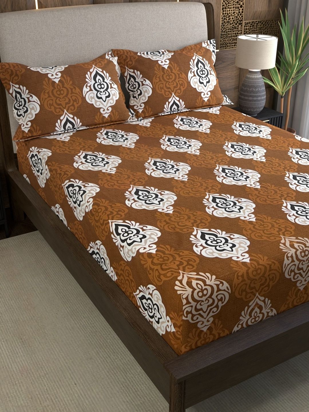 Pure Decor Brown Printed Pure Cotton 200TC Double Queen Bedsheet & 2 Pillow Covers 89"x99"-image-46