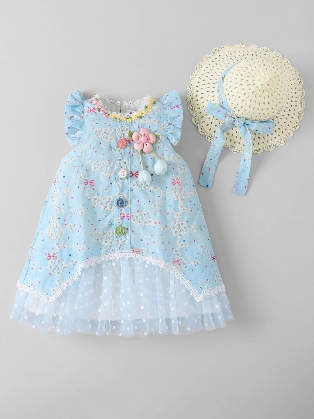 Hopscotch Girls Floral Print Round Neck Ruffled Dress With Cap-picture-31