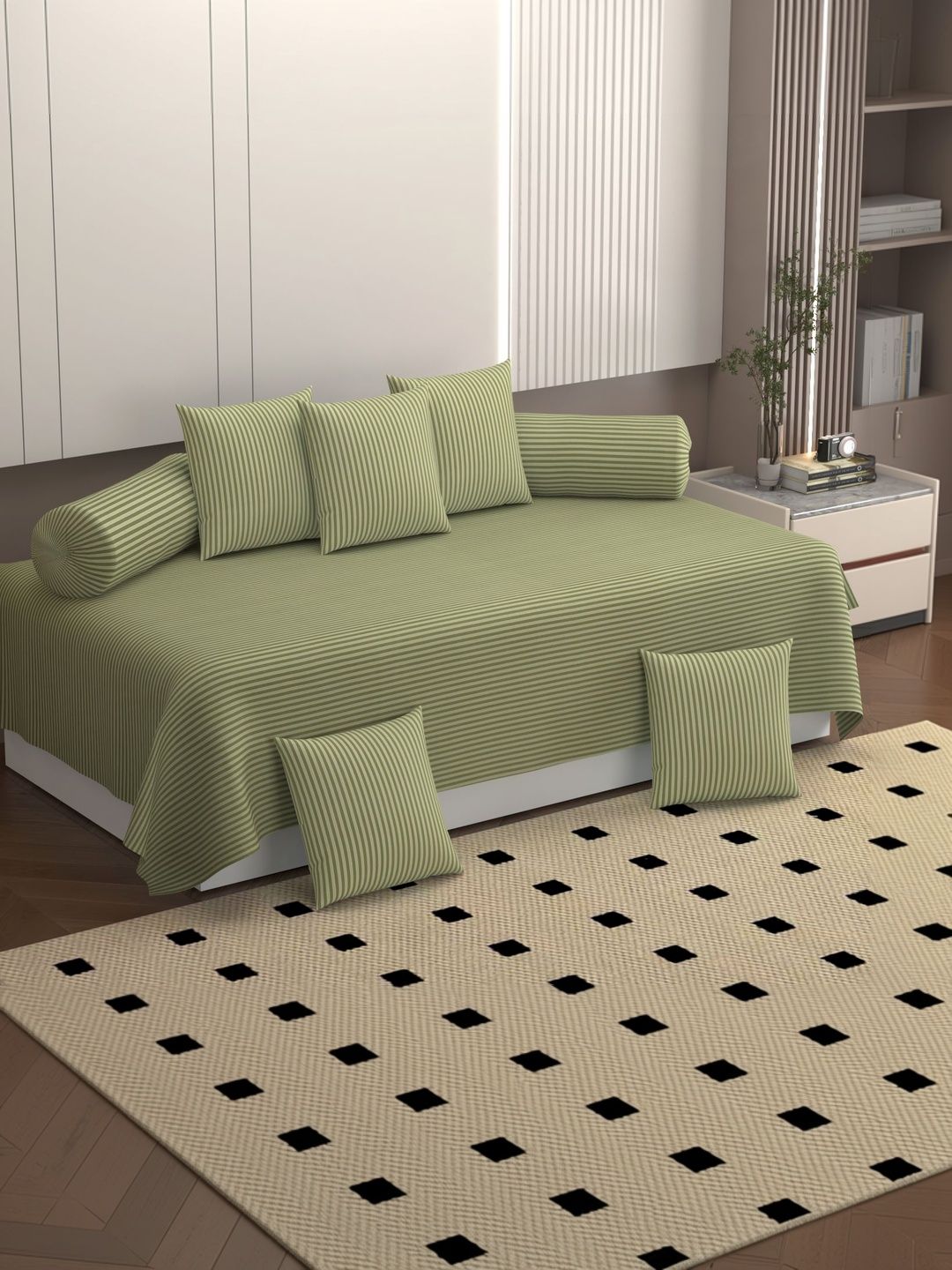 Bromwick Set Of 8 Green Striped 250 TC Super Soft Microfiber Diwan Set-picture-57