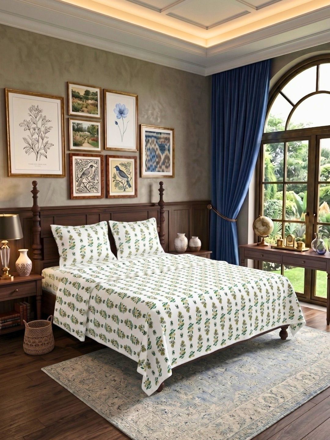 JAIPUR FABRIC Green & White Ethnic Motifs Cotton 4 Piece Double Queen Superfine Bedding Set-picture-10