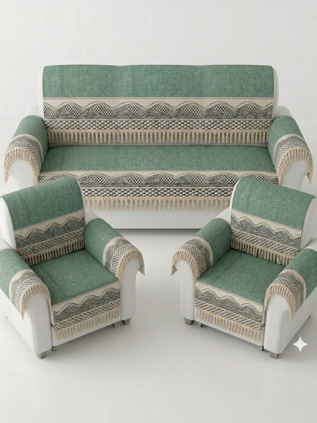 KANUM Sea Green & Green Printed Sofa Cover With Arms-image-34