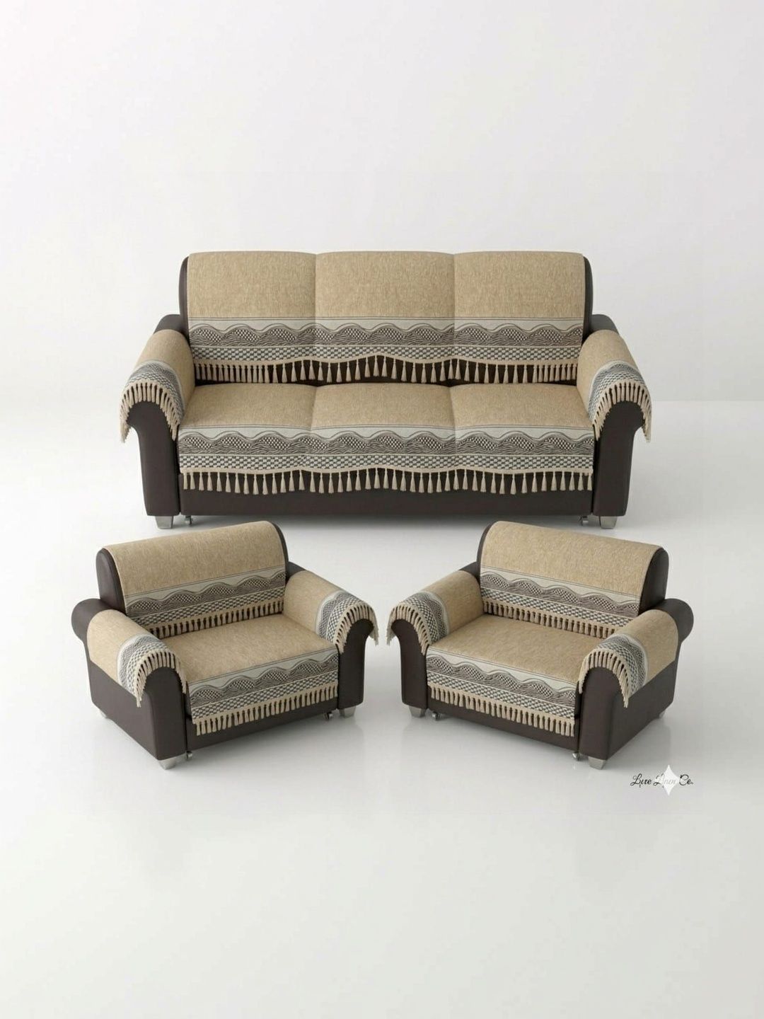 KANUM Beige & Beige Printed Sofa Cover With Arms-image-32