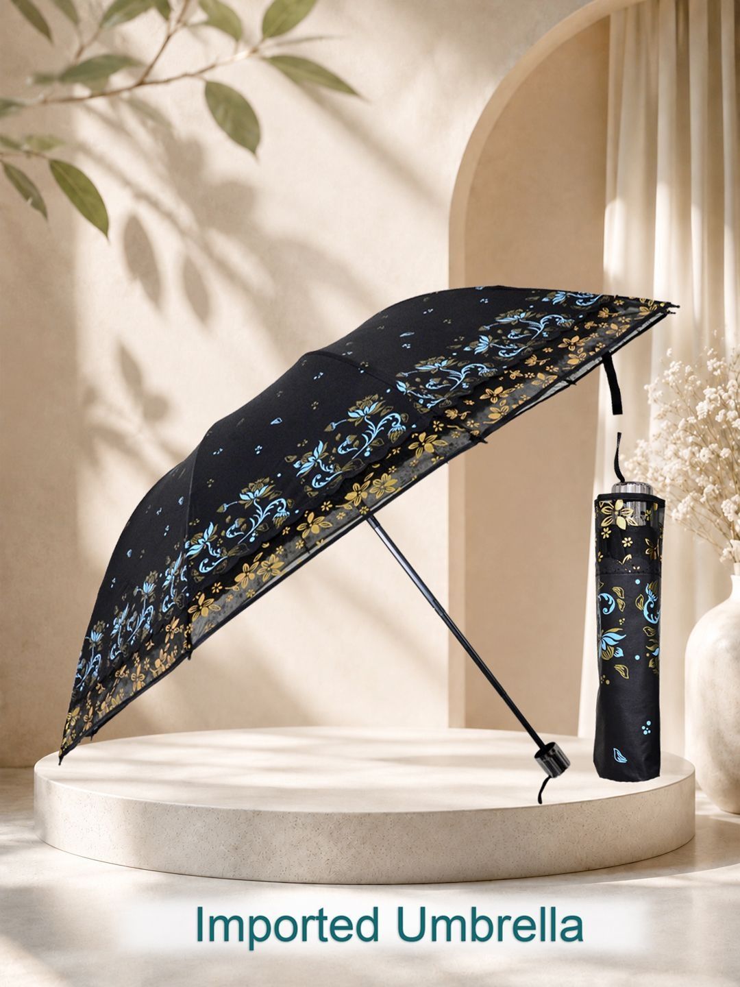 FABINALIV Black Floral Waterproof 3 Fold Compact Printed Umbrella-image-37