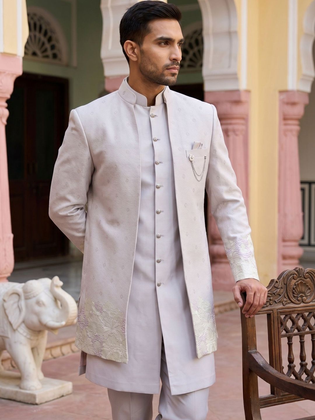 Jompers Self Design Mandarin Collar Sherwani-picture-21