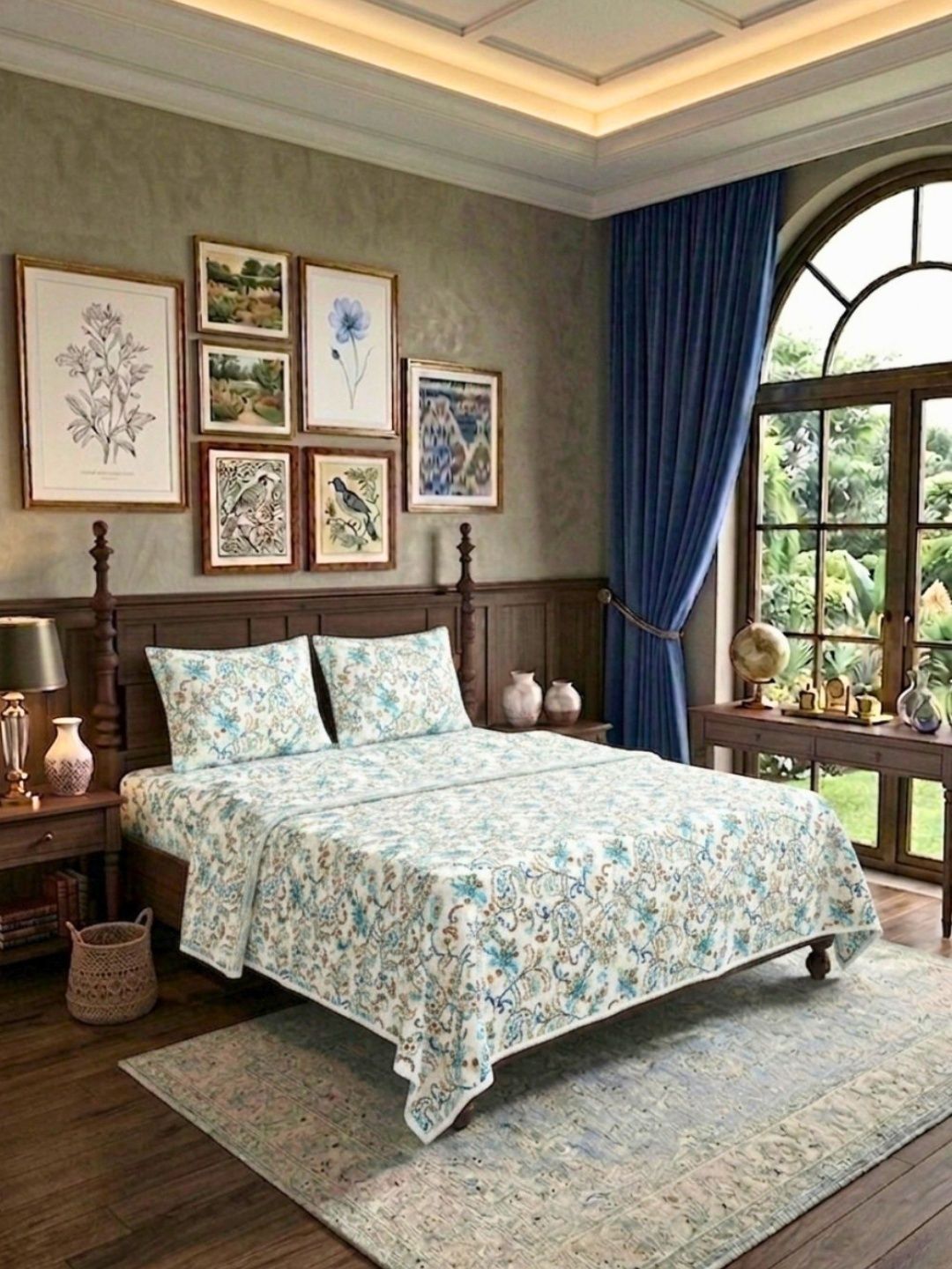 JAIPUR FABRIC Blue & White Ethnic Motifs Cotton 4 Piece Double Queen Superfine Bedding Set-picture-29