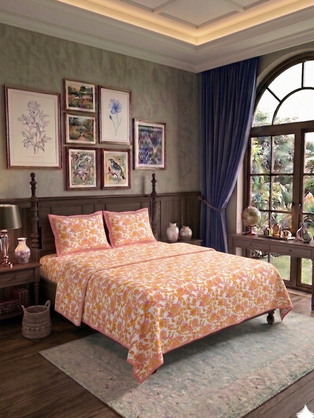 JAIPUR FABRIC Peach-Coloured & Orange Ethnic Motifs Cotton 4 Piece Double Queen Superfine Bedding Set-picture-17