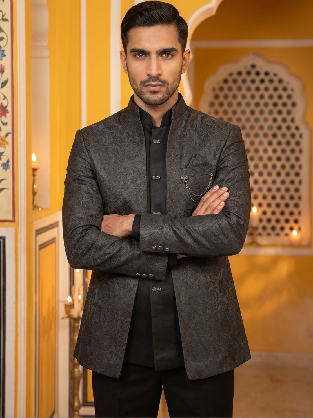 Jompers Woven Design Mandarin Collar Sherwani-image-6