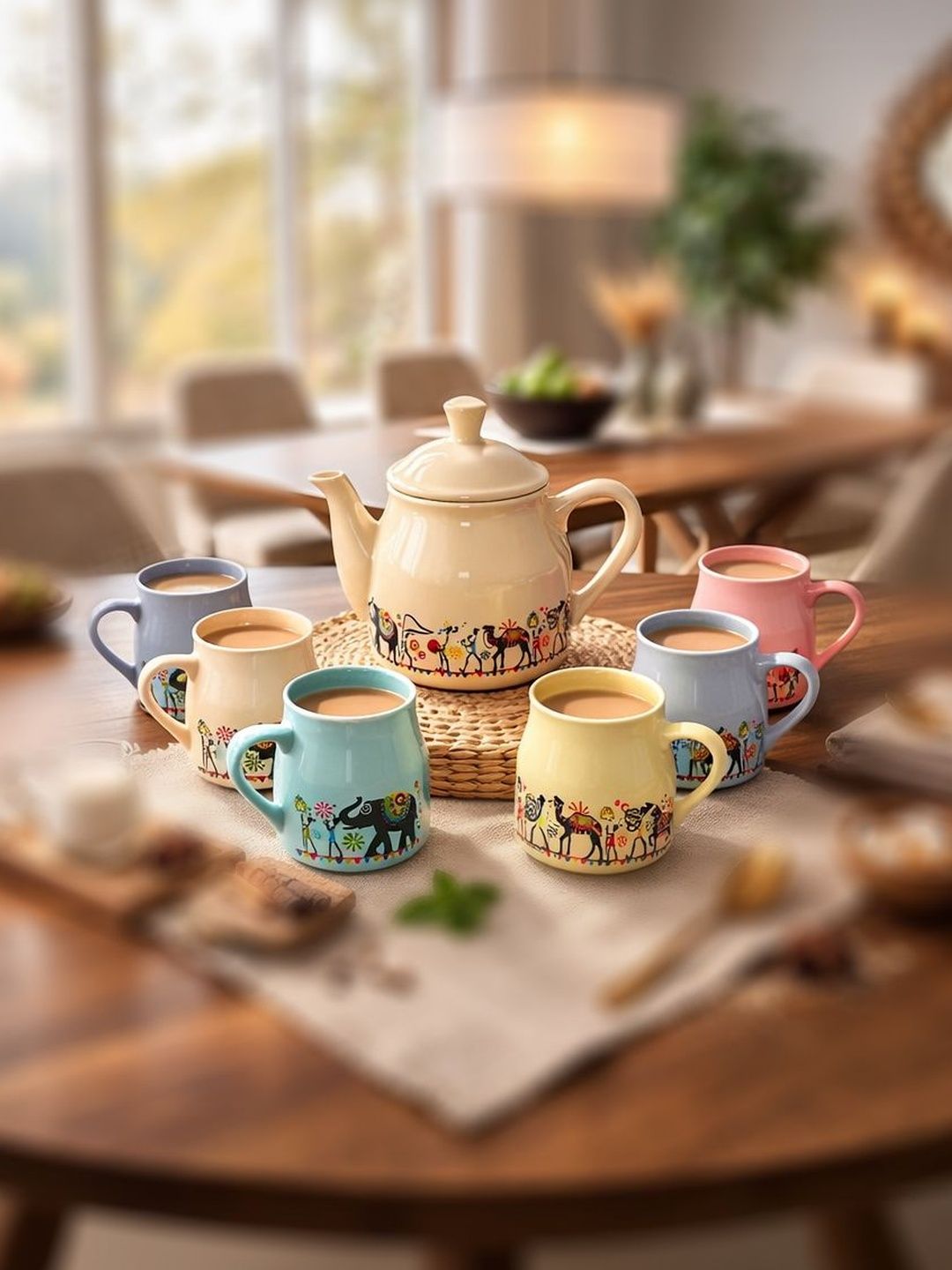BRINNS Multicoloured Ethnic Motifs Ceramic Glossy Kettle Set of Cups and Mugs-image-31