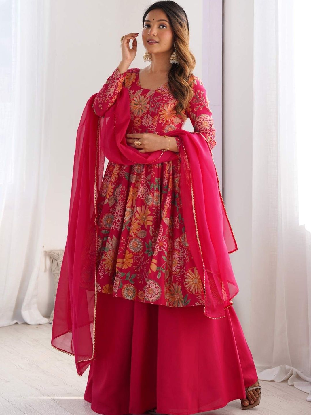 SAJAVAT ETHENIC WEAR Women Floral Printed Panelled Chanderi Silk Kurta with Palazzos & With Dupatta-picture-45
