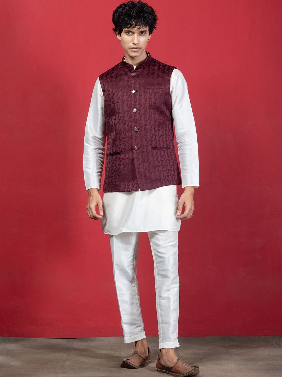EKYAA Woven Design Mandarin Collar Nehru Jackets-image-7