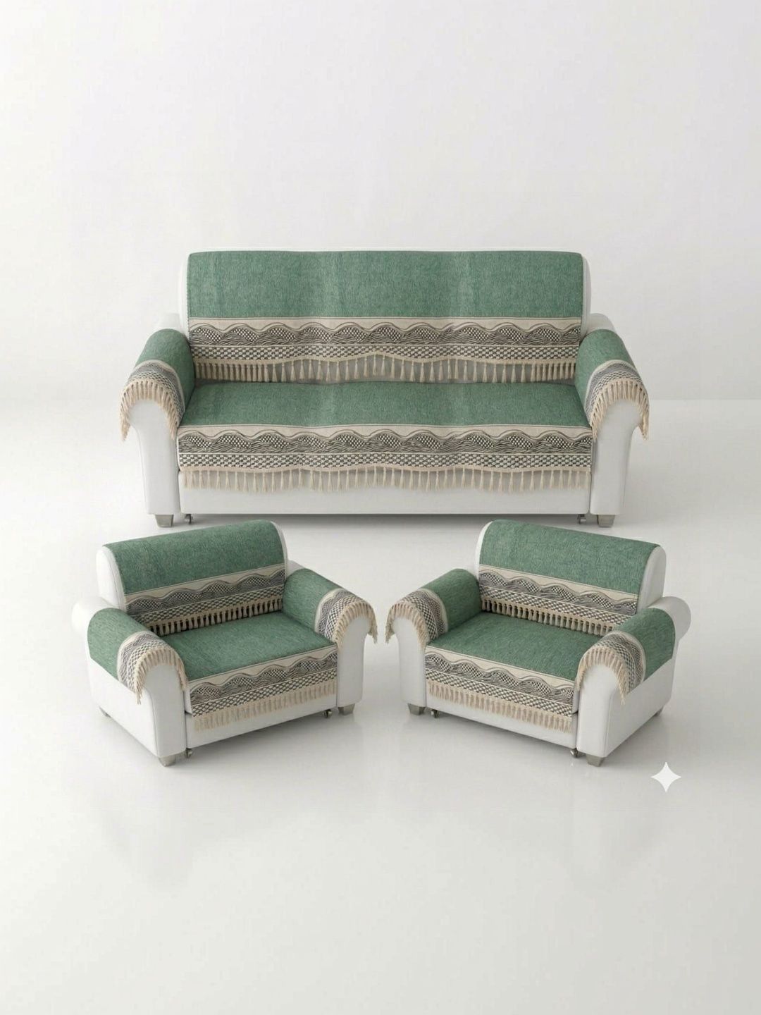 KANUM Sea Green & Green Printed Sofa Cover With Arms-picture-3