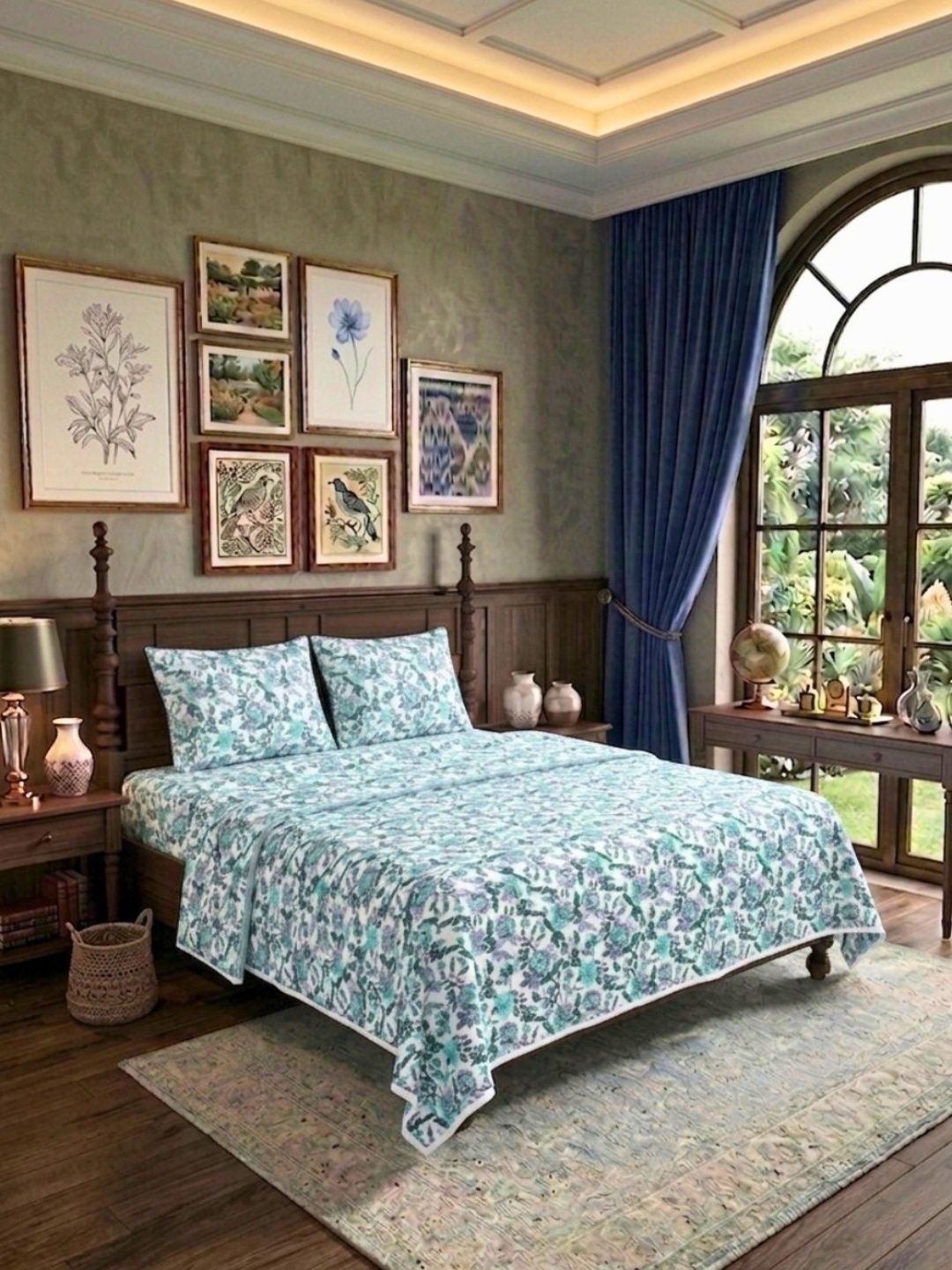 JAIPUR FABRIC Blue & White Ethnic Motifs Cotton 4 Piece Double Queen Superfine Bedding Set-picture-34
