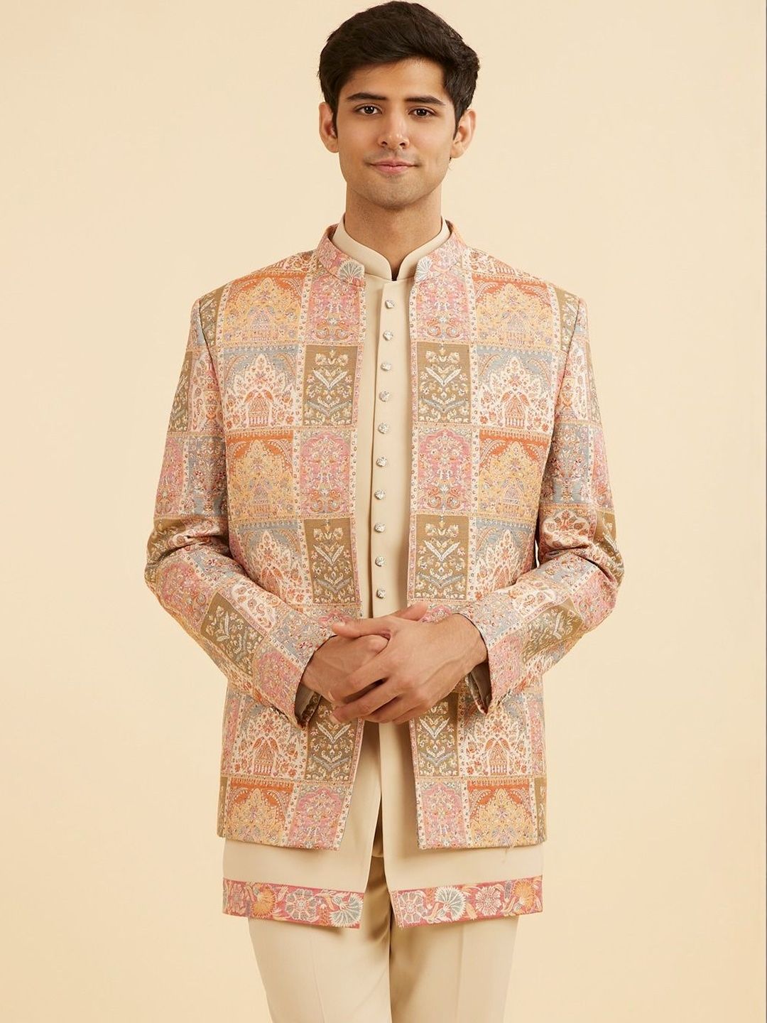 Manyavar Printed Mandarin Collar Indo Western Set-image-16