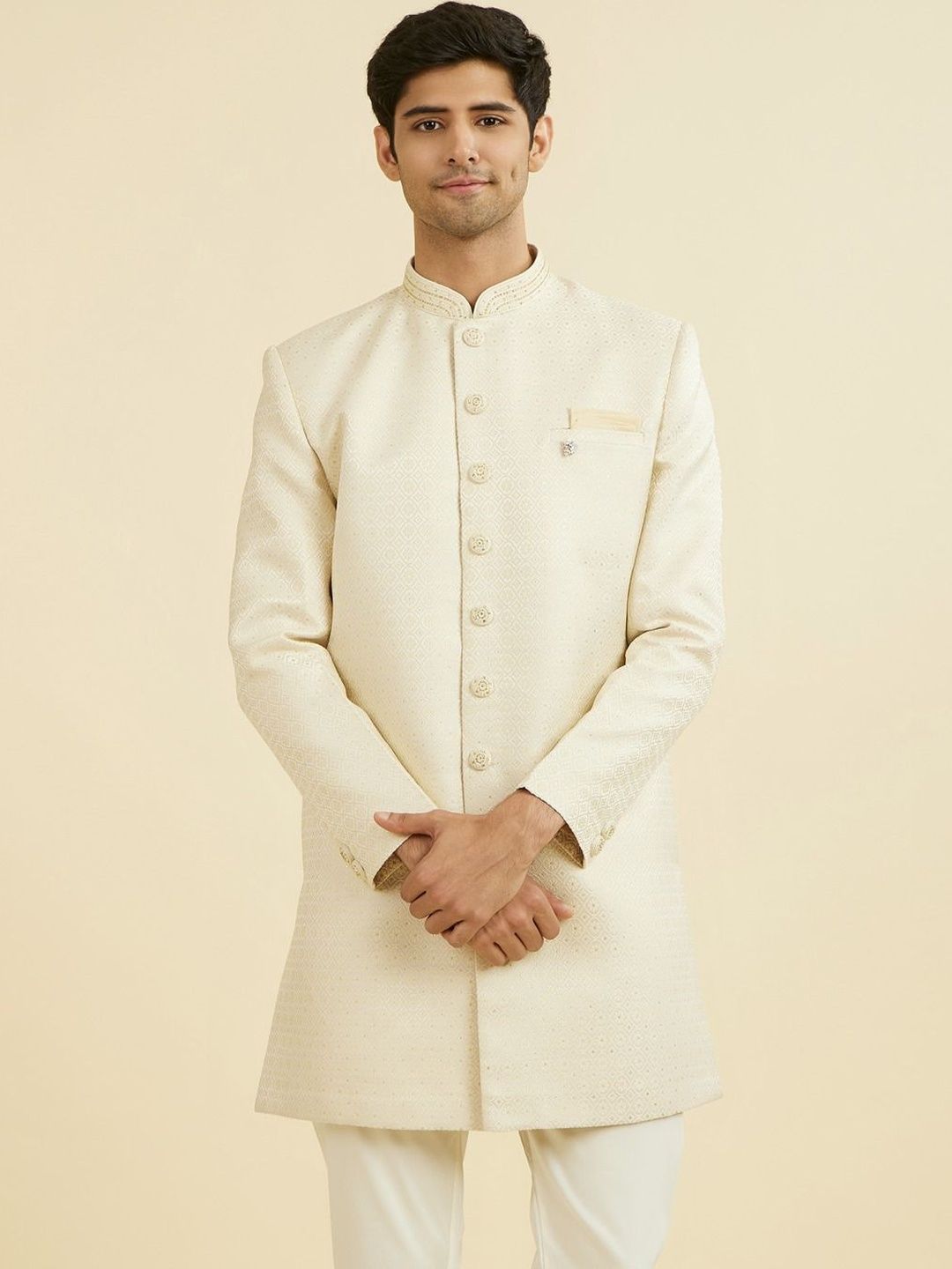 Manyavar Self Design Mandarin Collar Sherwani-picture-16