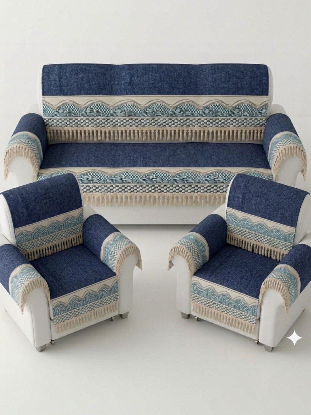 KANUM Blue & Navy Blue Printed Sofa Cover With Arms-image-10