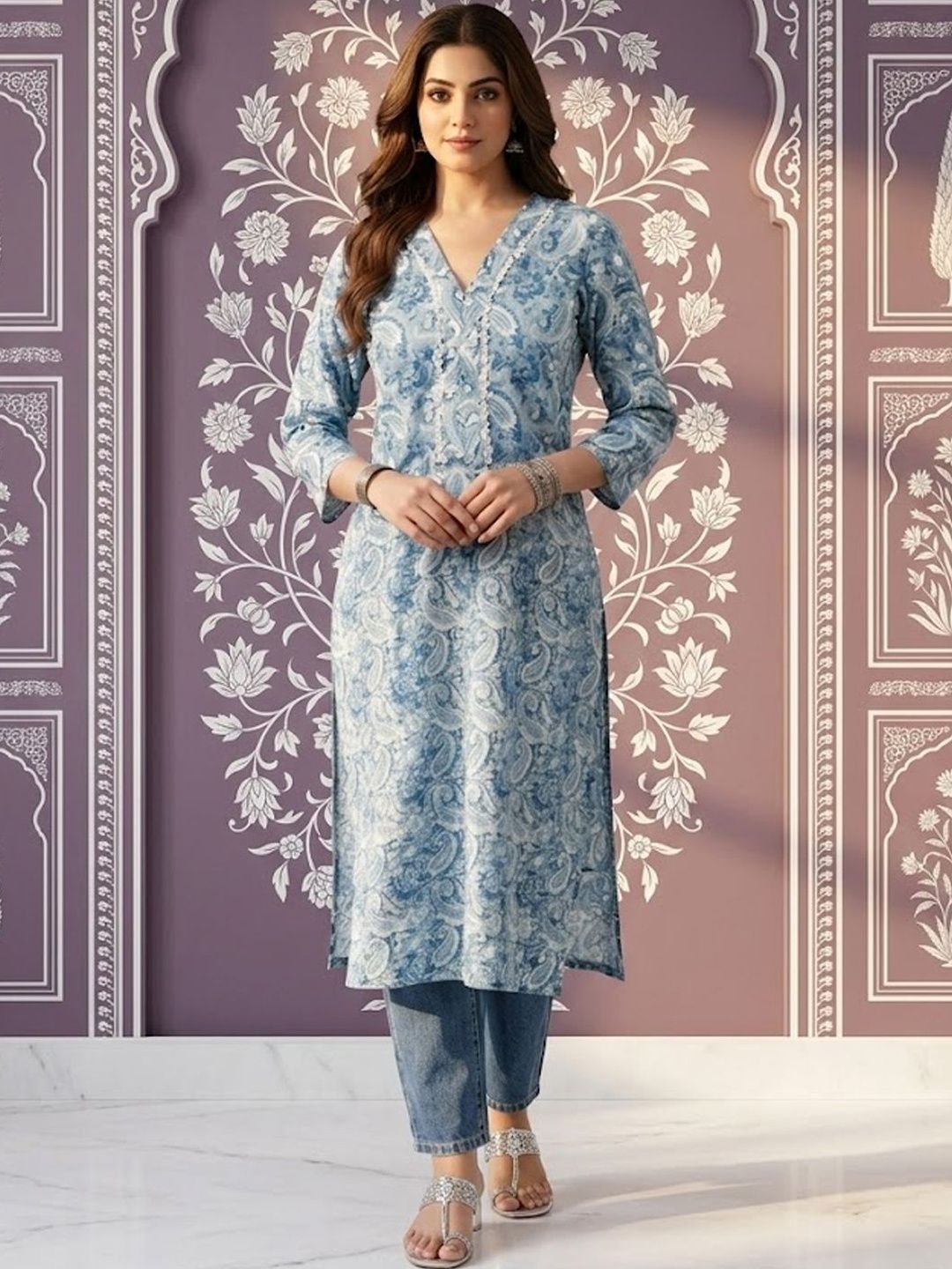 Sangria Printed Cotton V-Neck Calf Length Straight Kurtas-picture-16