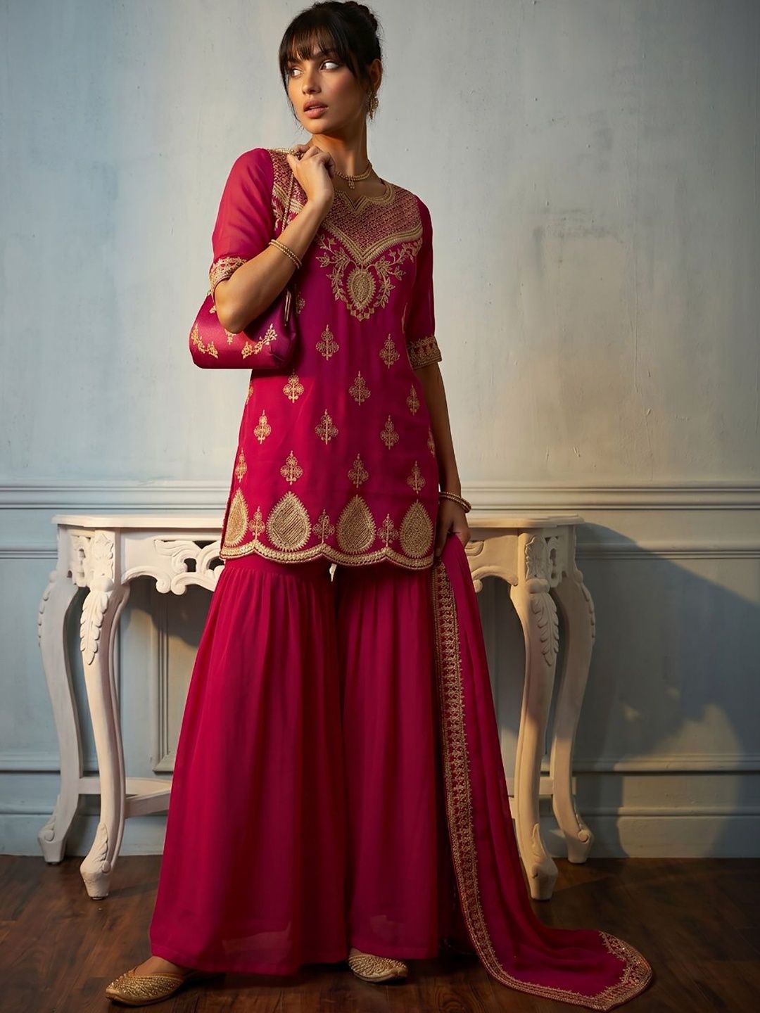 DRIP CHOWK Women Ethnic Motifs Embroidered Regular Kurta with Sharara & With Dupatta-picture-53