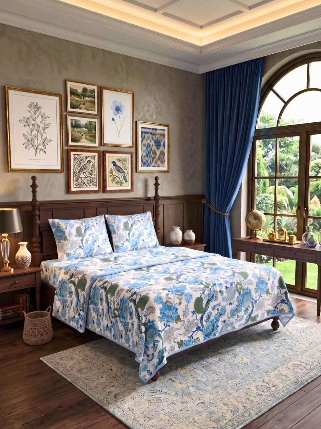 JAIPUR FABRIC Blue & White Ethnic Motifs Cotton 4 Piece Double Queen Superfine Bedding Set-picture-28