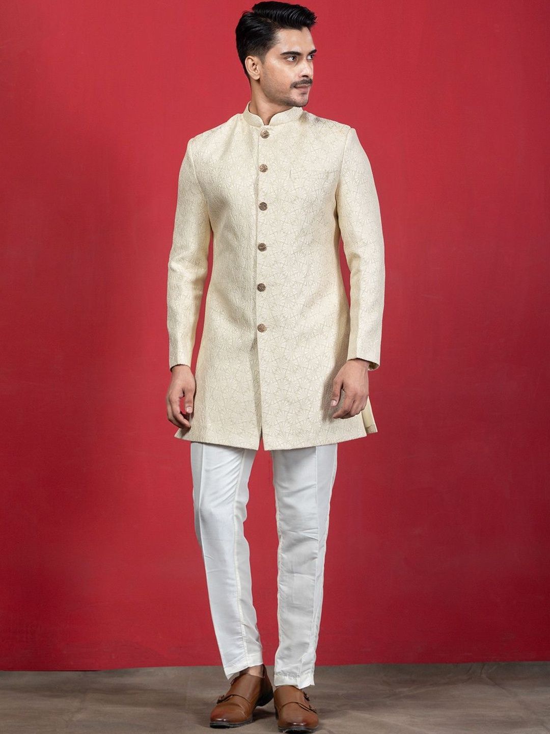 EKYAA Embroidered Mandarin Collar Sherwani-picture-6