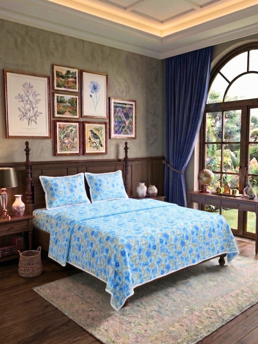 JAIPUR FABRIC Blue & White Ethnic Motifs Cotton 4 Piece Double Queen Superfine Bedding Set-picture-30