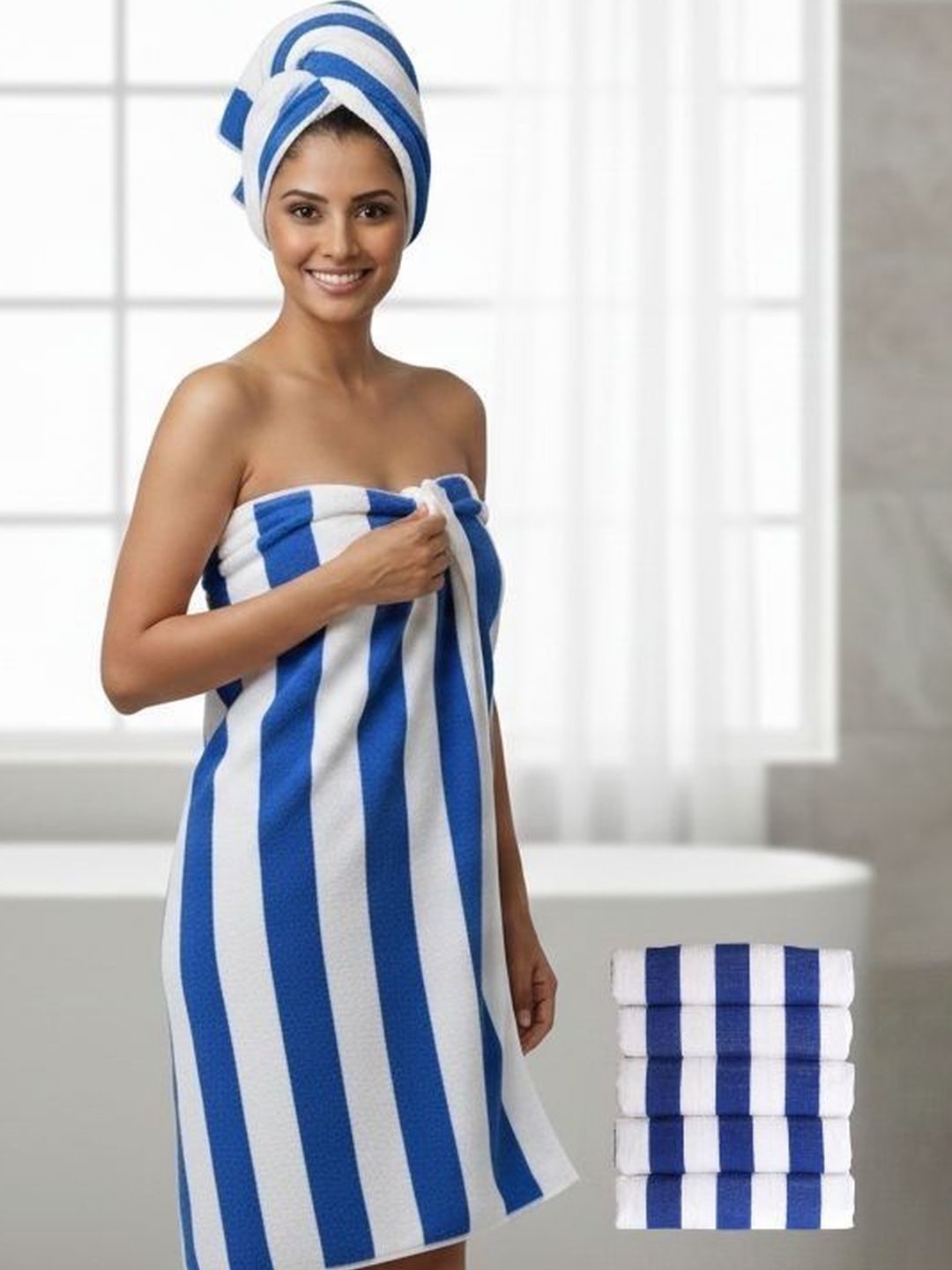 Tharunsha Elite 5Pcs Blue & White Striped Pure Cotton 500 GSM Beach Towels-image-3