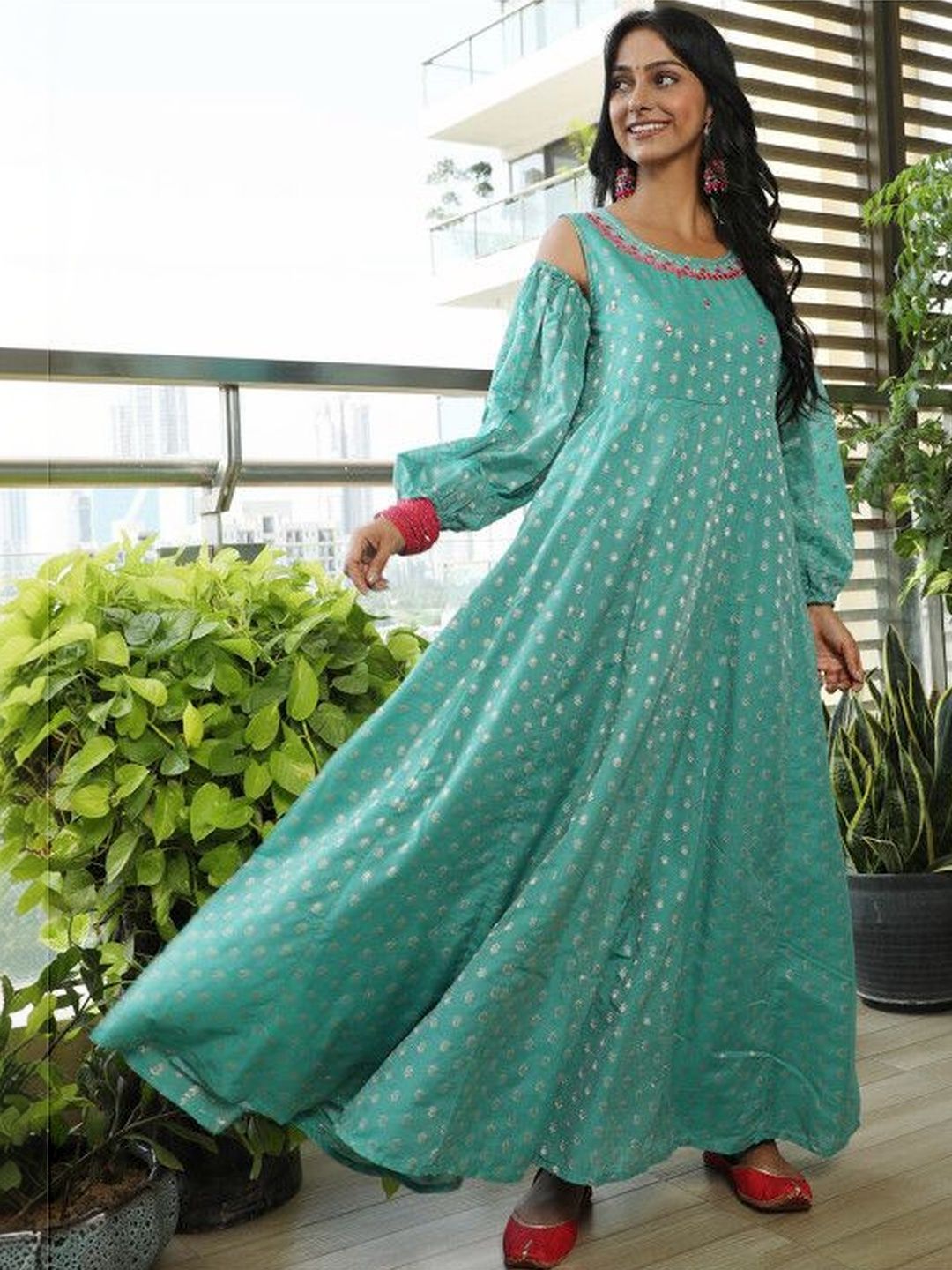 Sangria Printed Round Neck A-Line Ethnic Dresses-picture-9