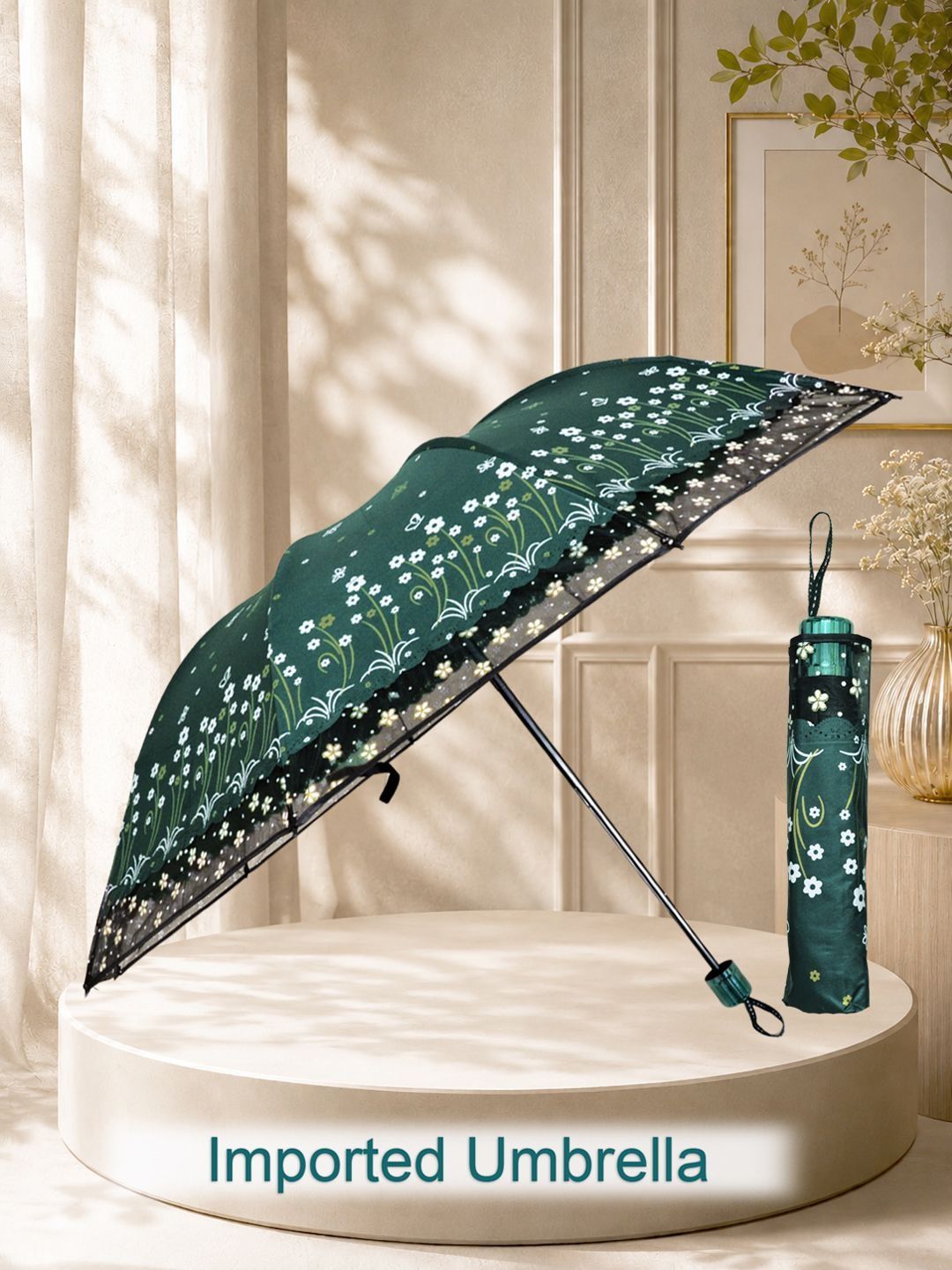 FABINALIV Green Floral Waterproof 3 Fold Compact Printed Umbrella-image-2