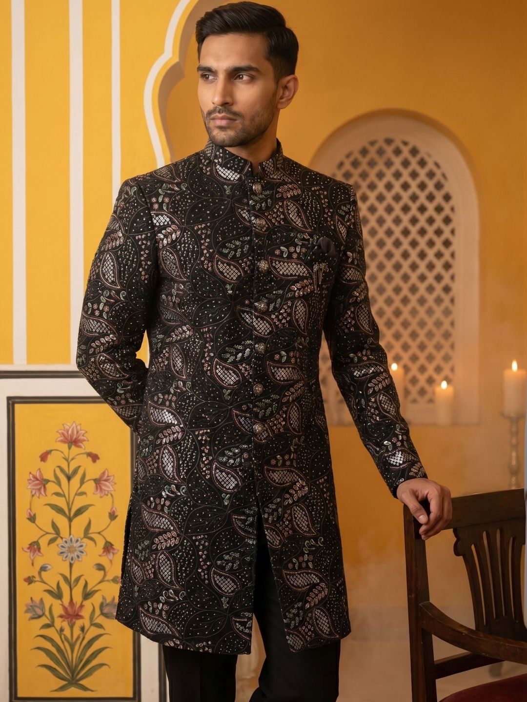 Jompers Embroidered Mandarin Collar Sherwani-picture-34