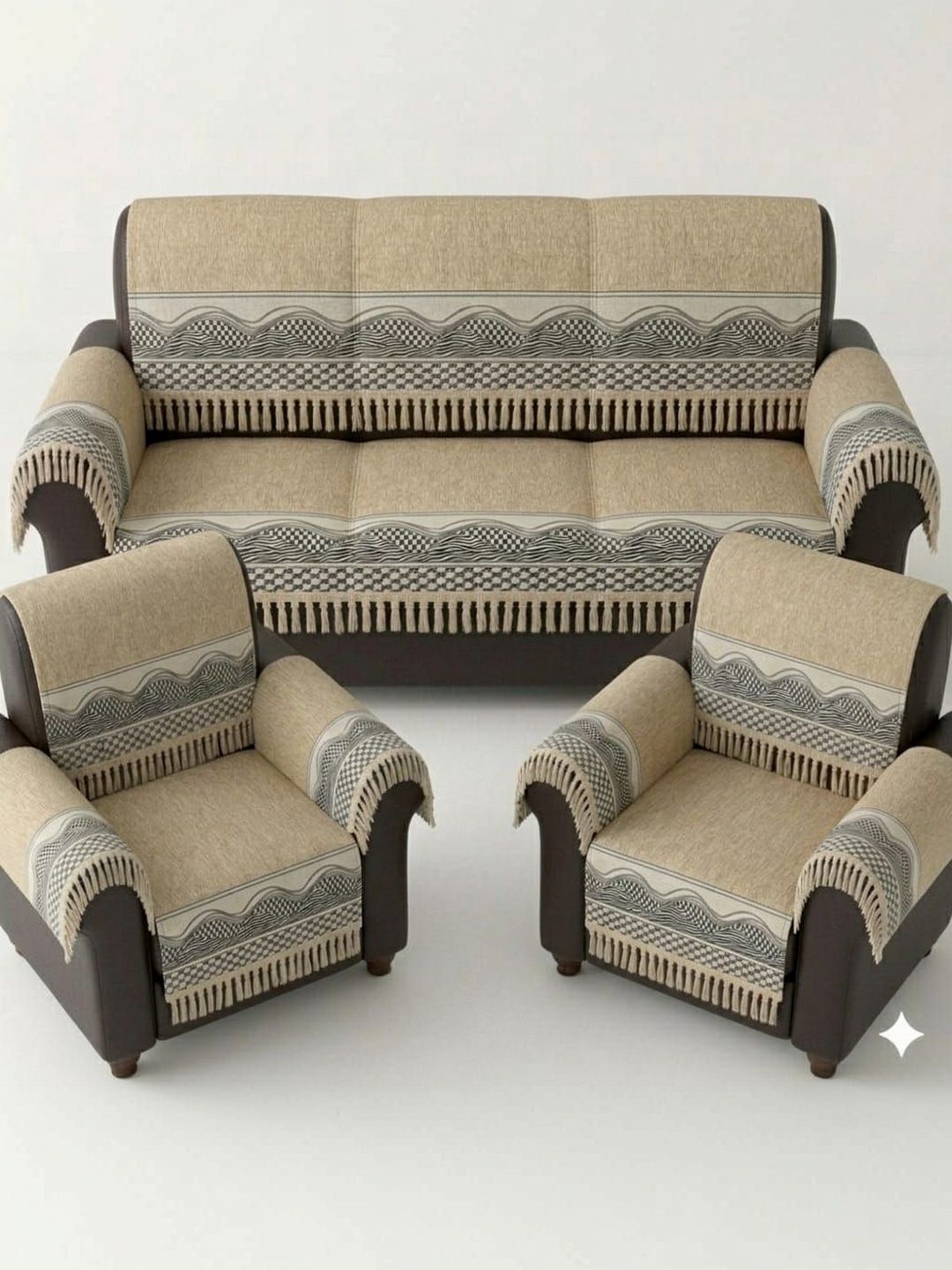 KANUM Beige & Beige Printed Sofa Cover With Arms-image-33