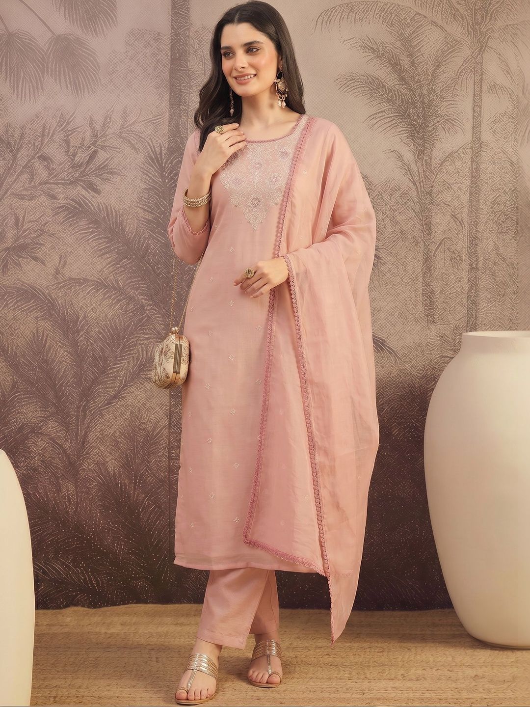 Sangria Embroidered Silk Blend Round Neck Kurta & Palazzos With Dupatta-image-30