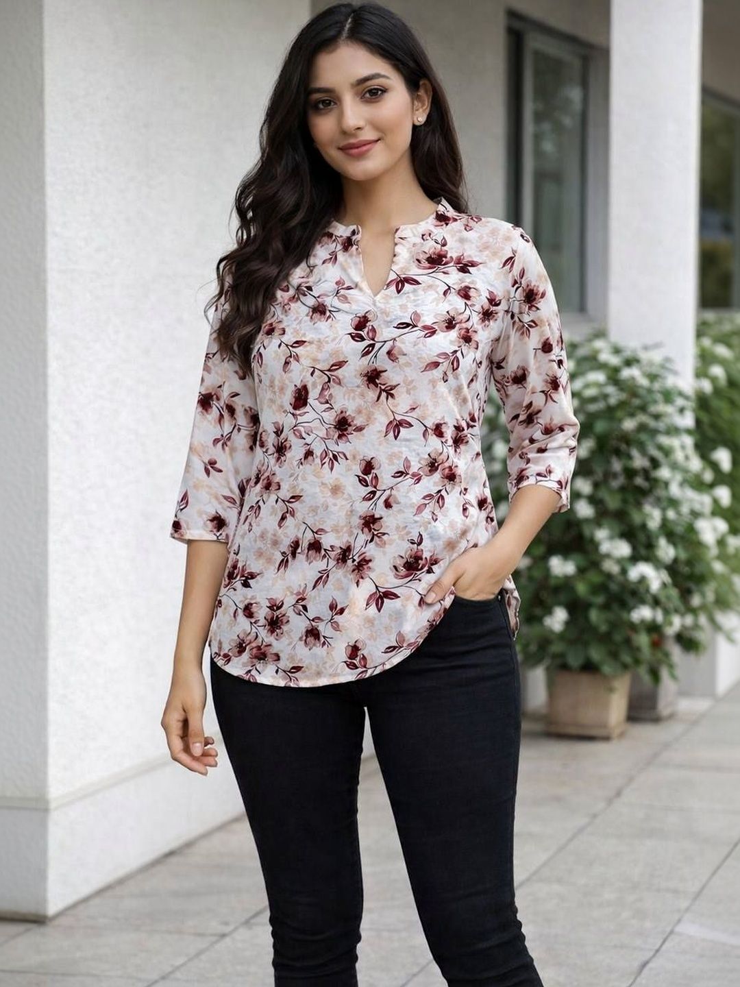 Jacy london Floral Print Mandarin Collar Top-picture-17