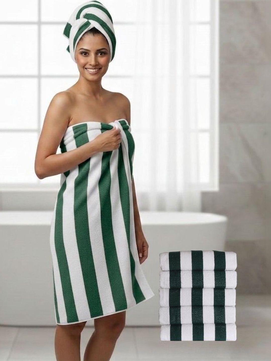 Tharunsha Elite 5Pcs Green & White Striped Pure Cotton 500 GSM Beach Towels-image-49