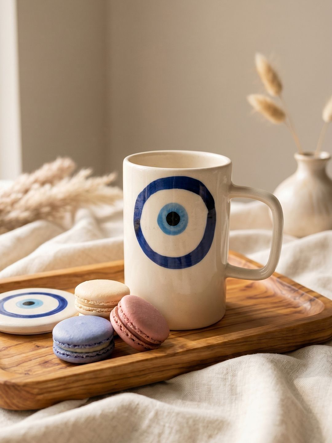 CLAYORA White & Blue Handcrafted and Hand Painted Printed Ceramic Glossy Tumbler Set of Cups and Mugs-image-44