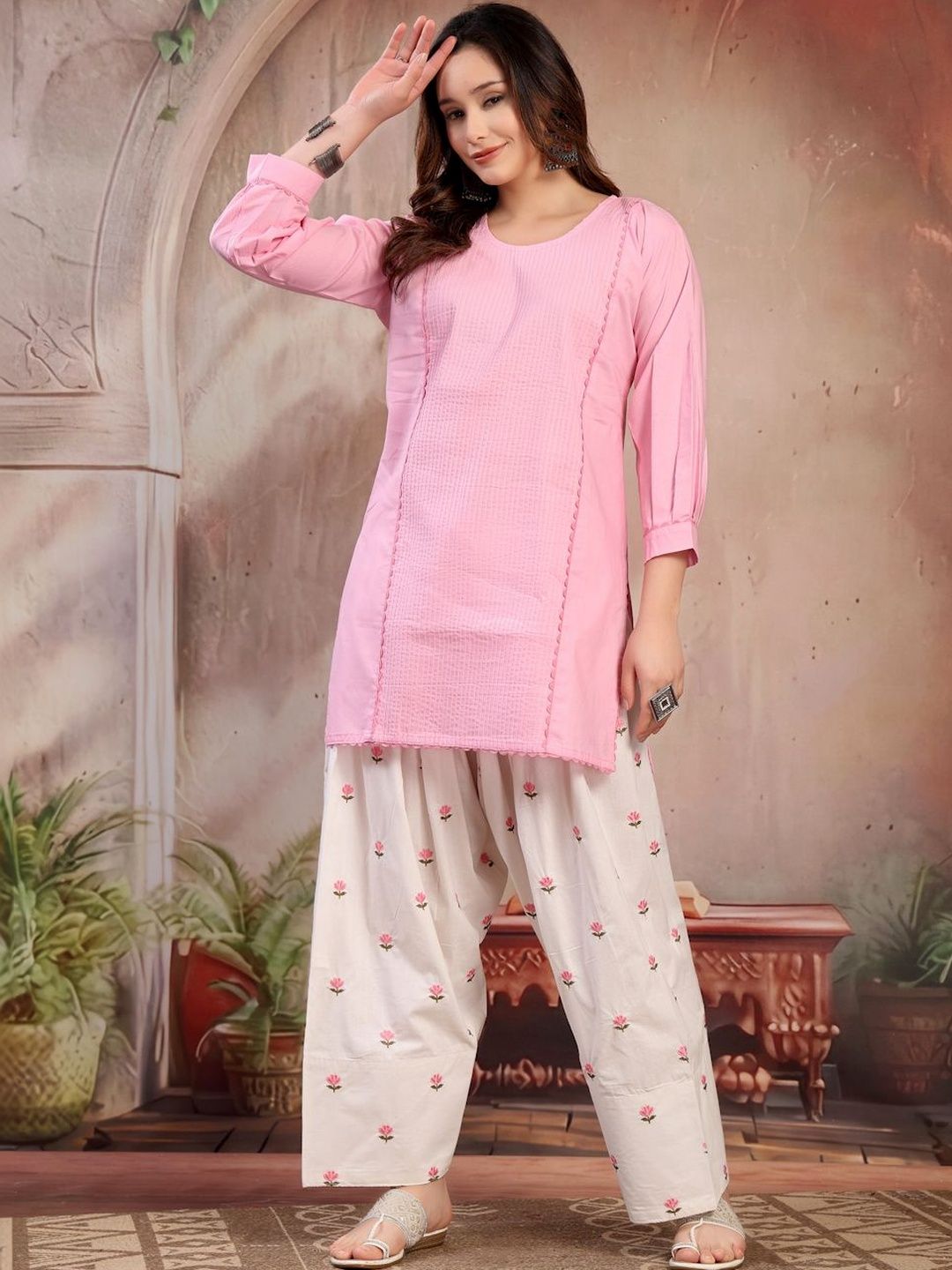 KALINI Women Solid Kurta with Front Pintucks and Embroidered Farshi Salwar Set-picture-25