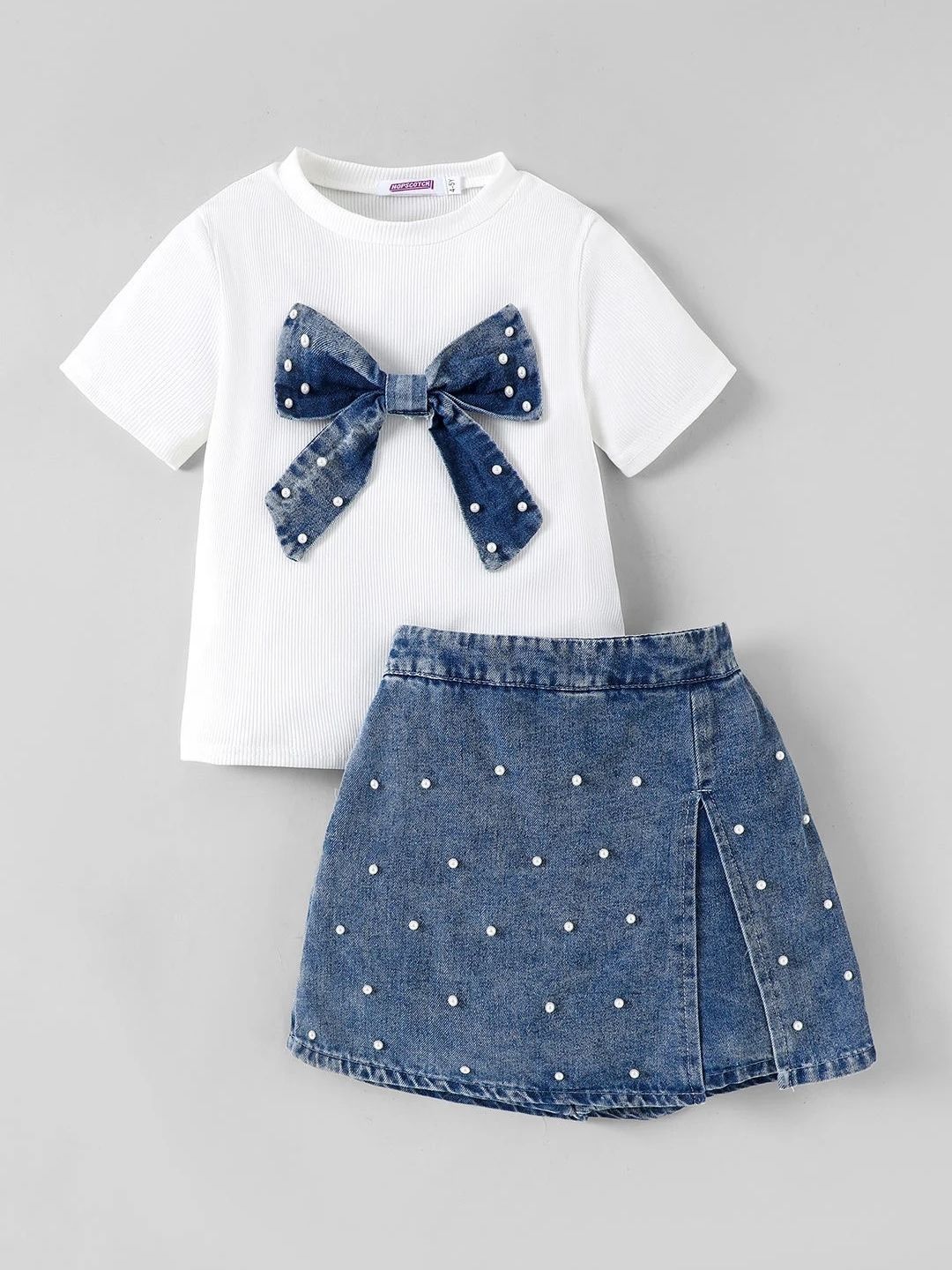 Hopscotch Bow Pearl Applique Denim Short Set-picture-57