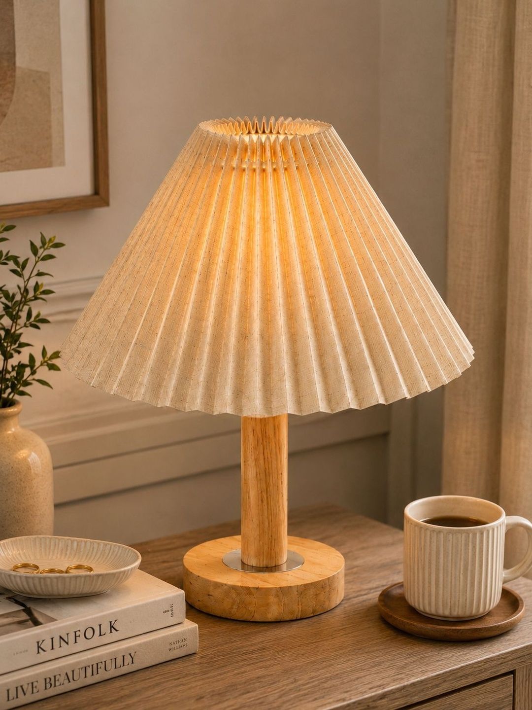 Glowhere Off White Textured Wood Frusturical Shaped Table Lamp-picture-47