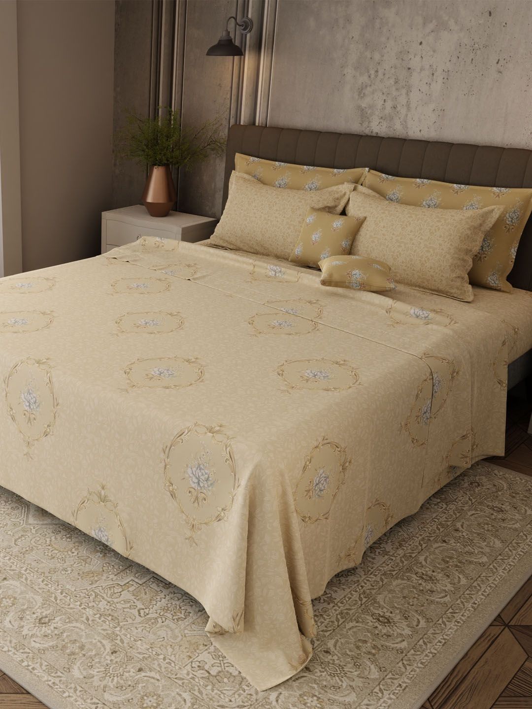 Boutique Living India Brown & Beige Floral Cotton 7 Piece Double King Regular Bedding Set-image-43