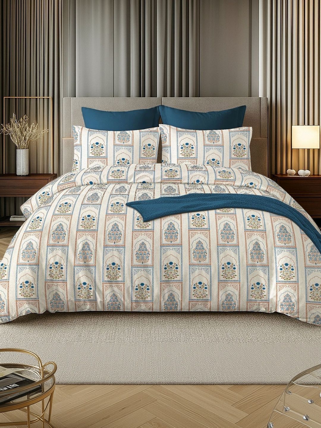 Sangria 3Pcs Blue & Orange-Colored Printed King Bedsheets With Pillow Cover-107x 98 Inch-picture-11