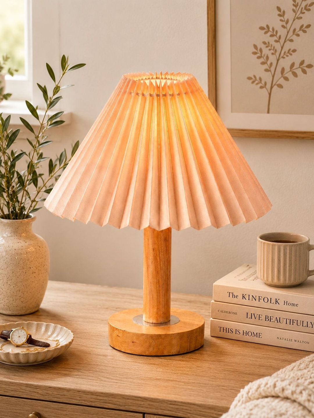 Glowhere Pink Textured Wood Frusturical Shaped Table Lamp-picture-49