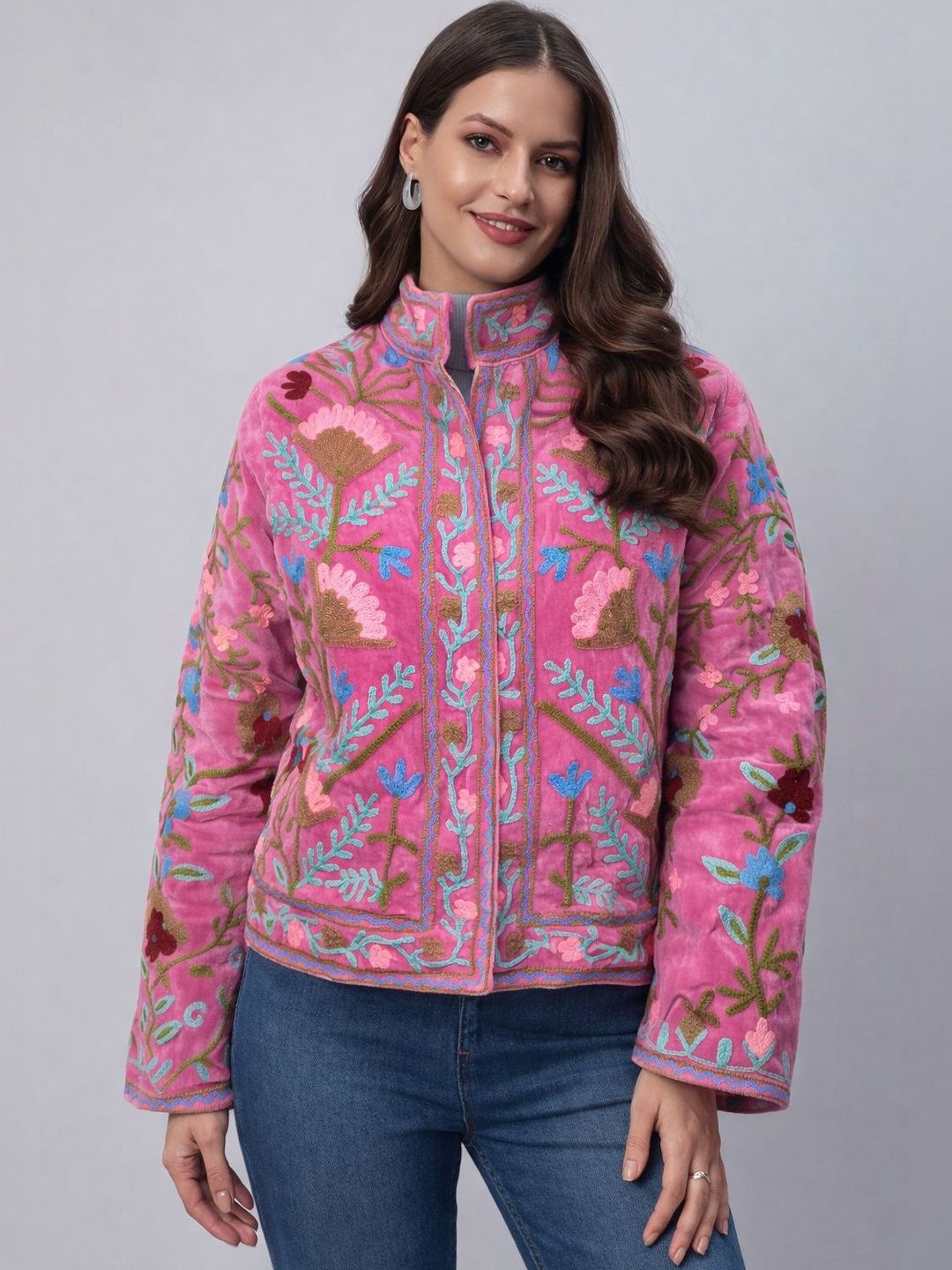 HANDICRAFT PALACE Women Pink Suzani Embroidery Velvet Open Front Jacket-picture-11