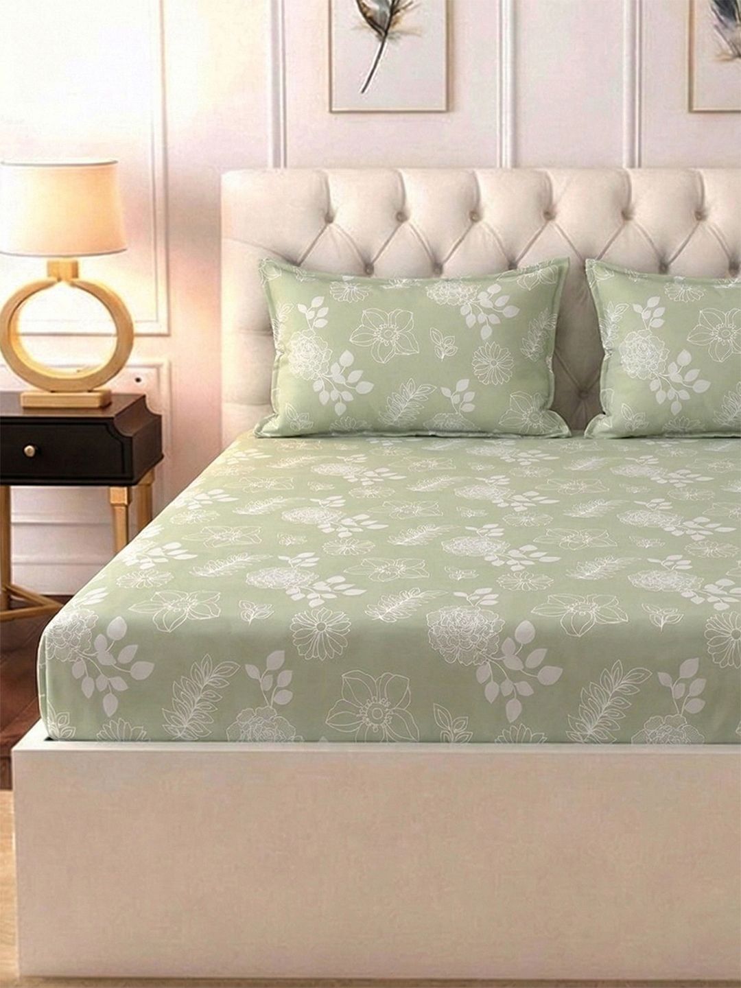 Myntra Elegant Homes Green & White Floral 300 TC King Bedsheet with 2 Pillow Covers-picture-43